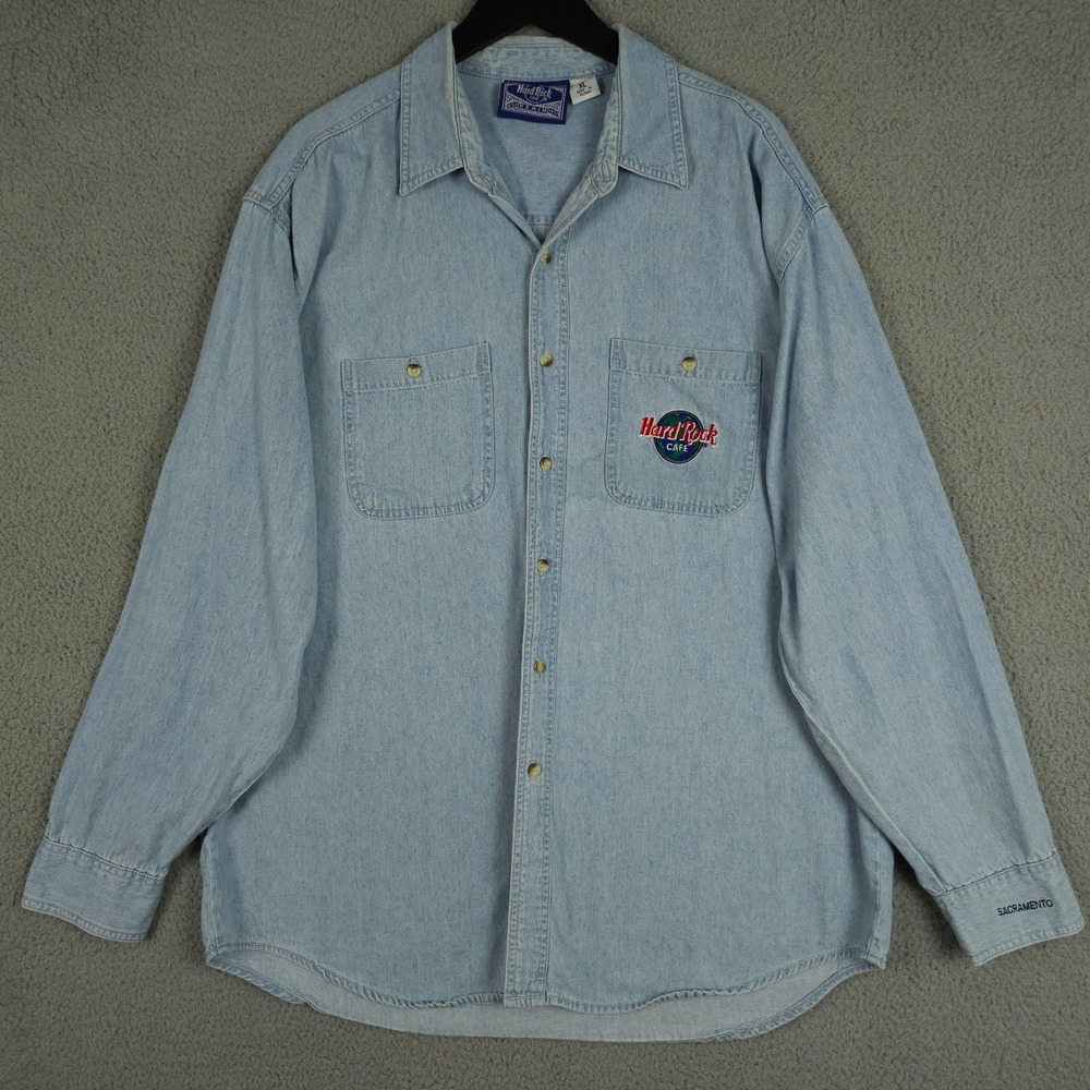 Vintage 90s Hard Rock Cafe Shirt Mens XL Blue Denim Sacramento CA Button Up